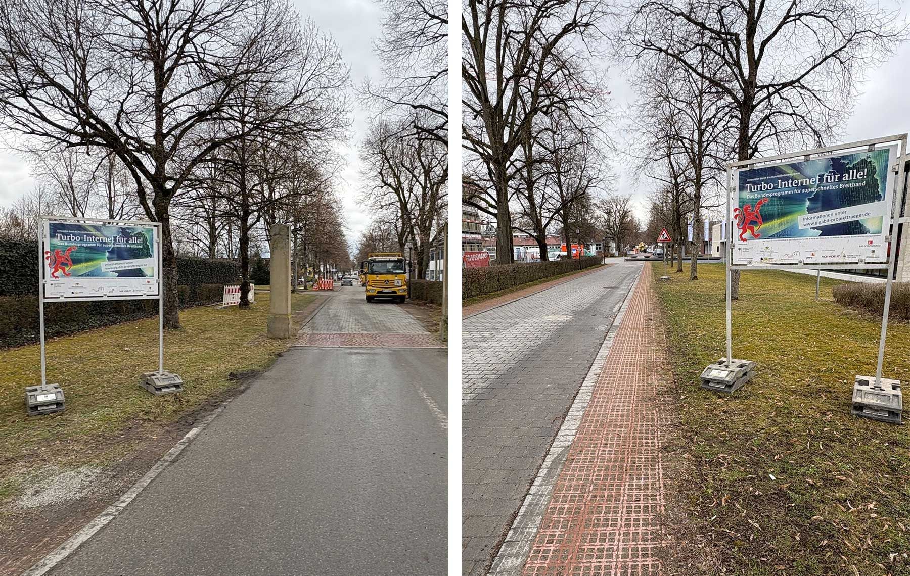 Bauschilder am Anfang und Ende der Pfarrer Leube Straße