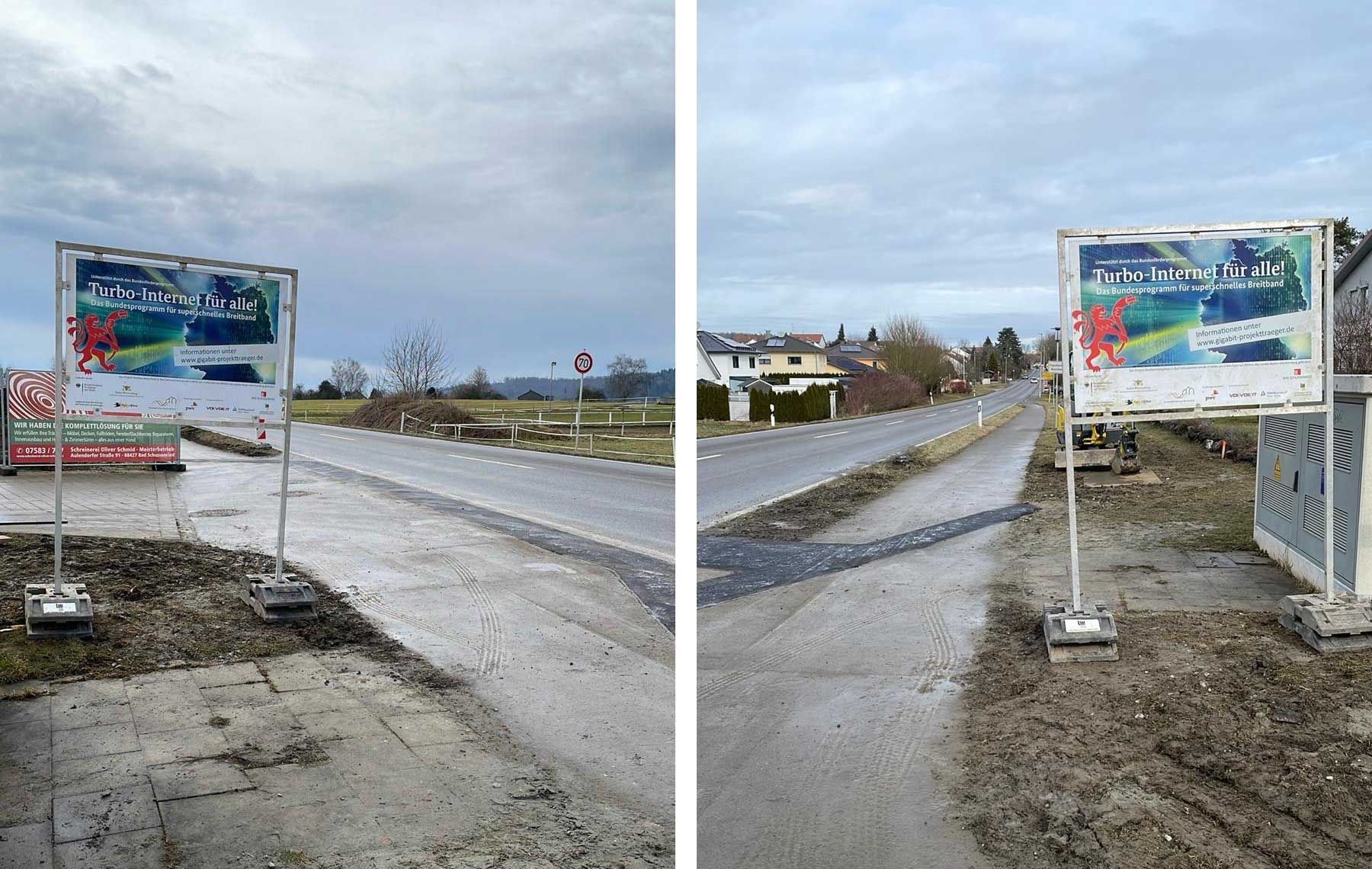 Bauschilder am Anfang und Ende der Aulendorfer Straße